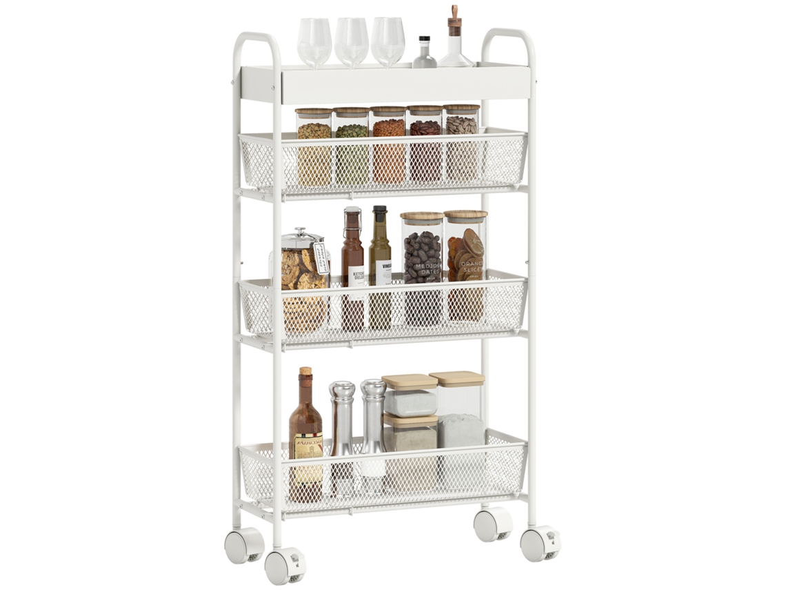 Carrito Cocina Metal 3 Cestas Diseño Estrecho 4 Ruedas Blanco