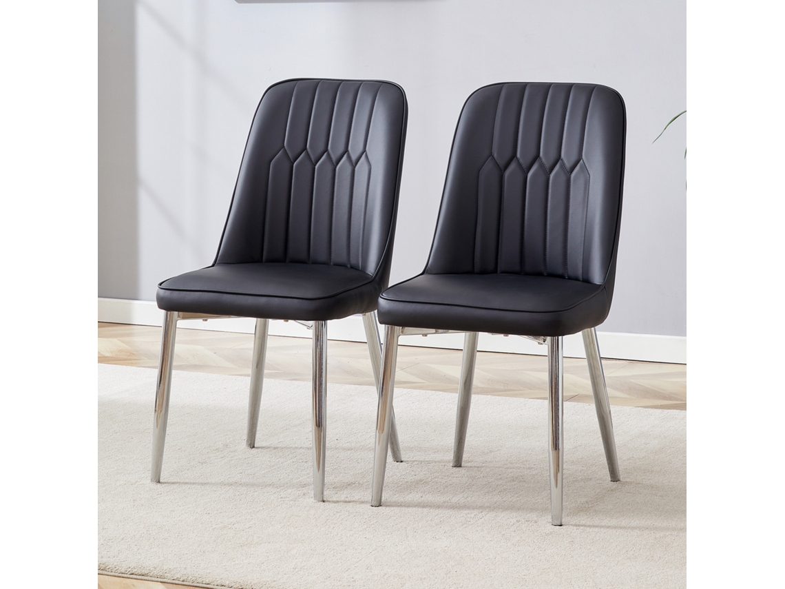 Juego De 2 Sillas De Comedor, De Piel Sintética Negra Con Patas Plateadas.