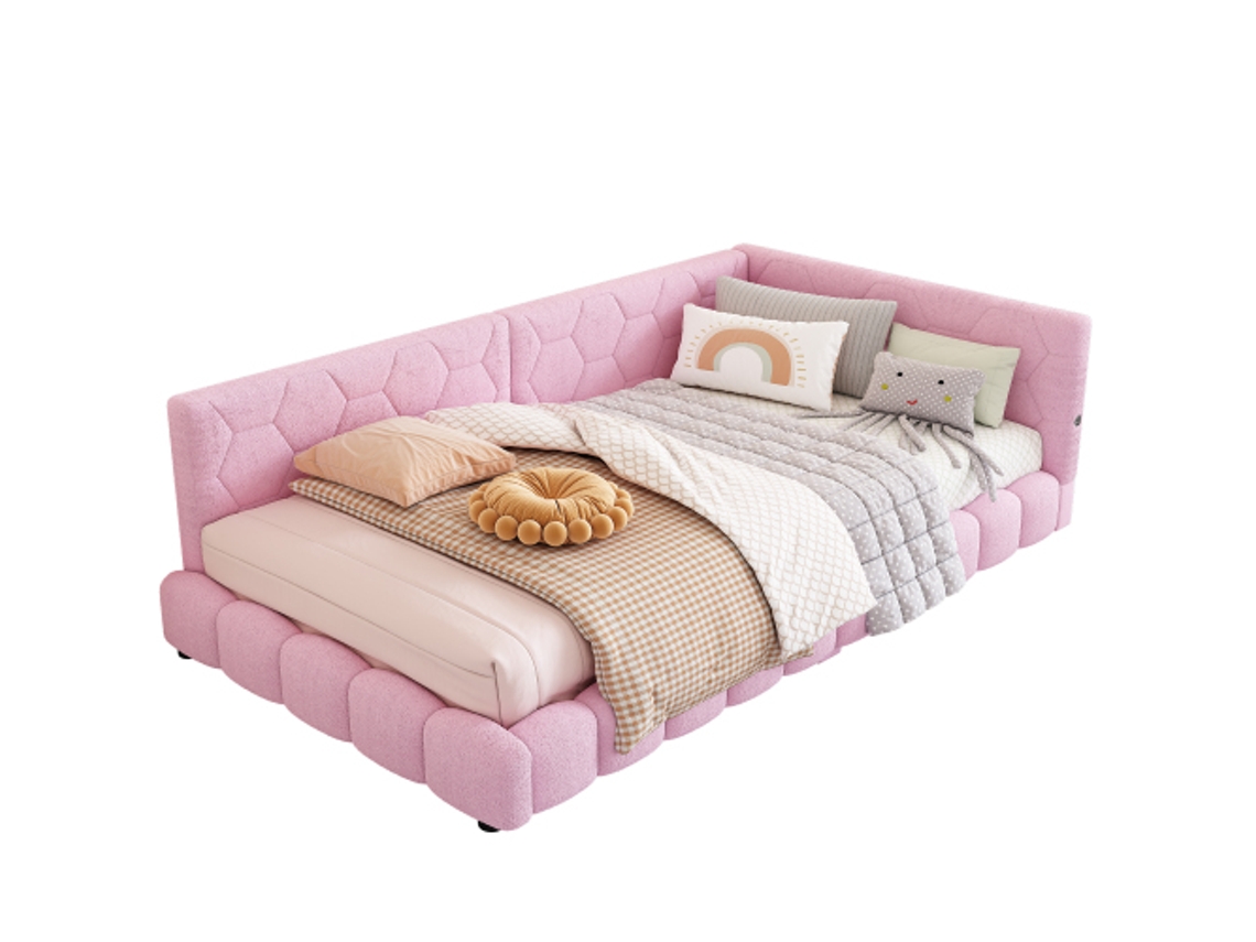 Sofá cama LED con puerto USB, madera Mobrio y terciopelo rosa (90x200)