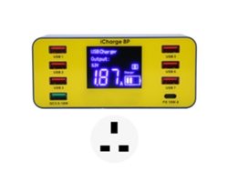 Cargador digital USB Yhl de 8 puertos y 60 W con puertos QC3.0 PD, estación de carga múltiple, enchufe británico 100-240 V.