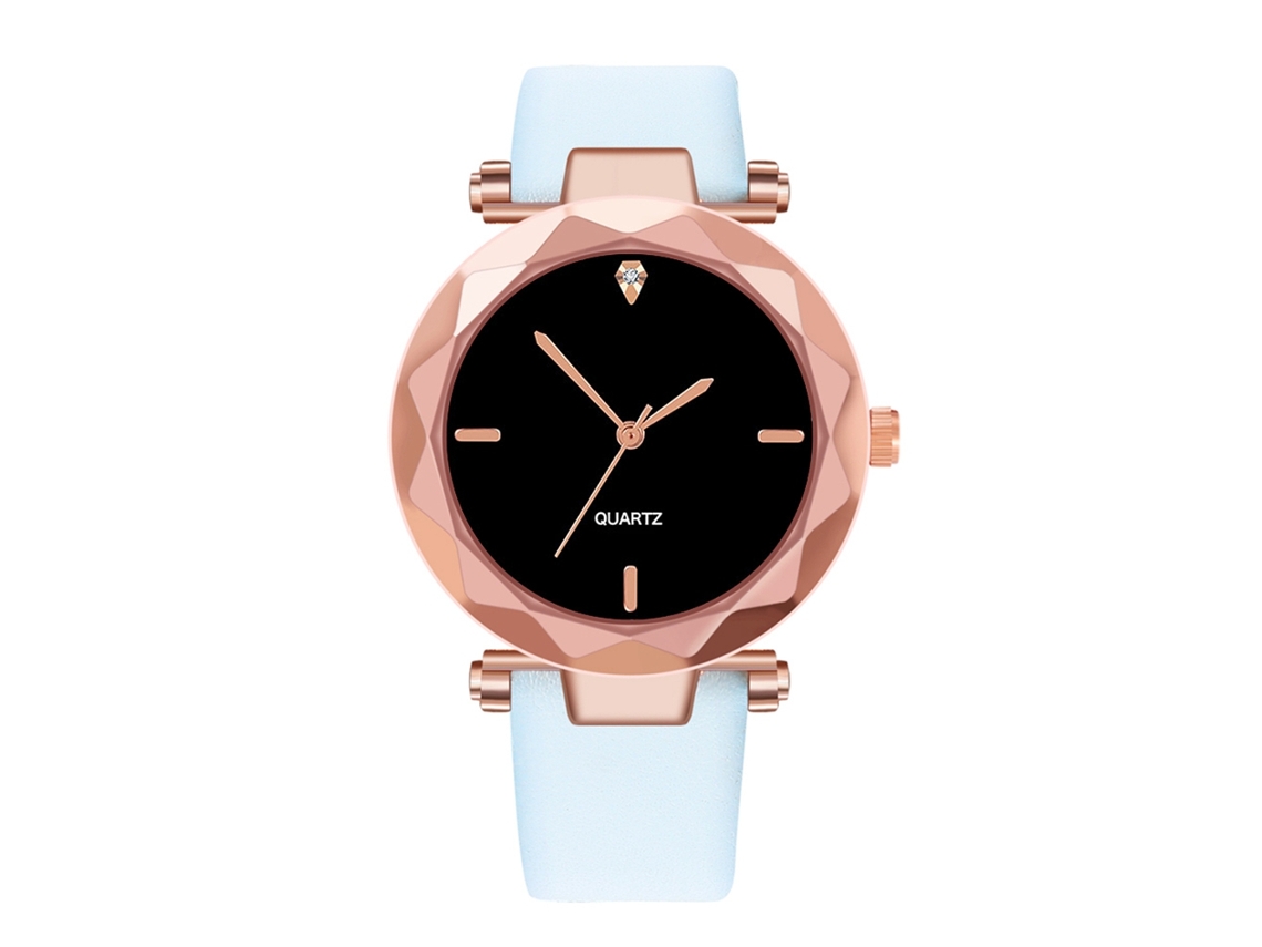 Reloj De Pulsera De Moda Para Mujer Con Correa De Piel Sintética Y Decoración De Diamantes De Imitación, Azul Claro.
