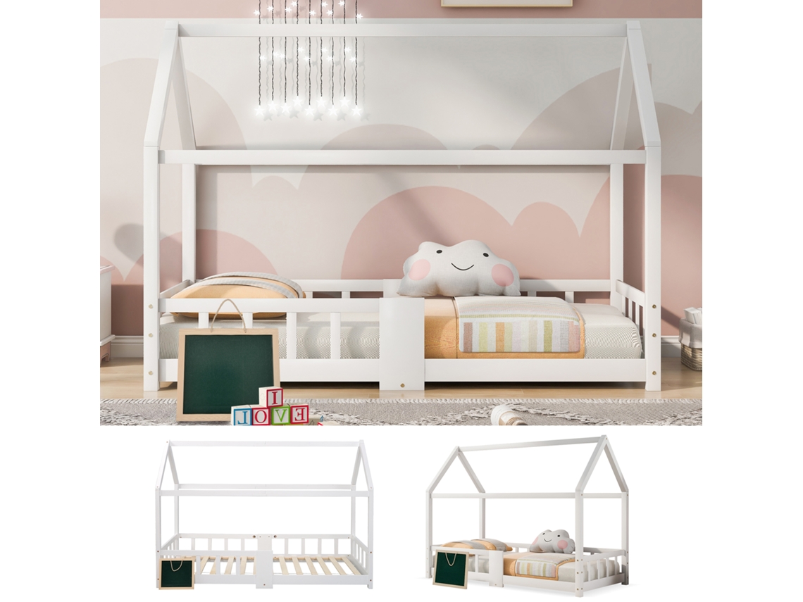 Cama Casinha Infantil 90x200 Cm, Lousa, Estrado Ripas, Grade Segurança, Pinho, Branca, Sem Colchão