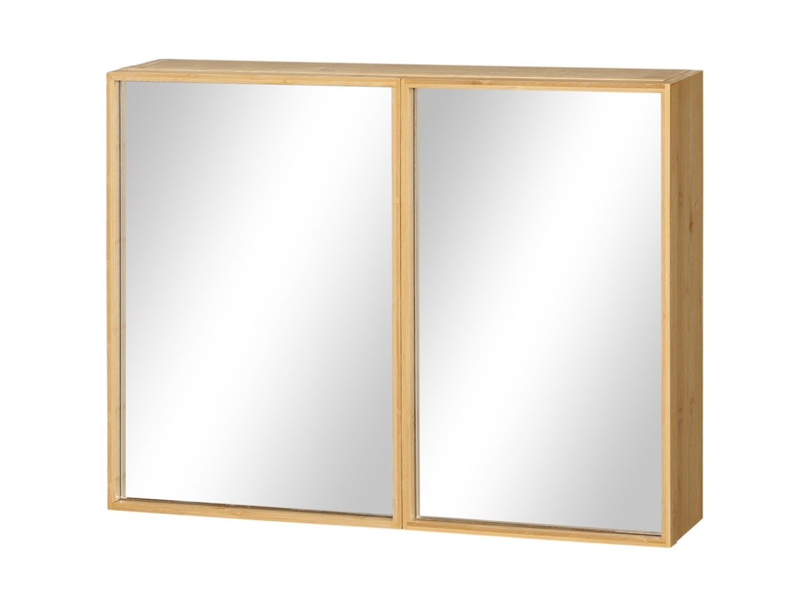 Mueble de baño con espejo, puertas dobles, 3 estantes interiores, para montaje en pared, fabricado en bambú natural.