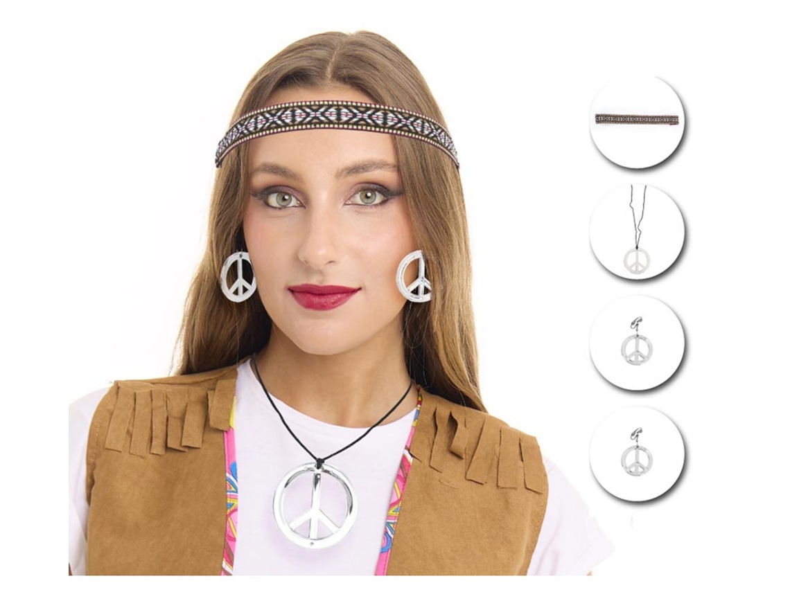 Kit de Hippie plateado adulto Collar, Pendientes y Cinta