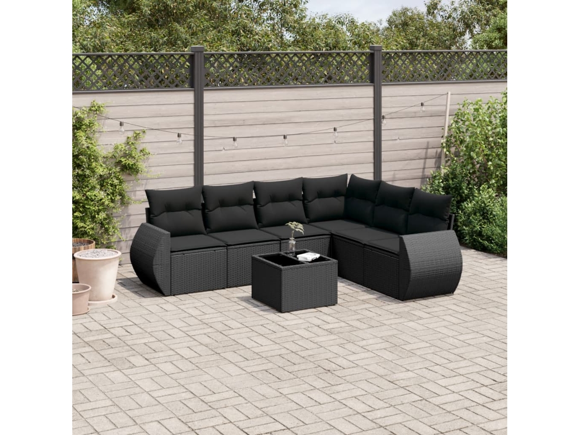 Conjunto de sofá de jardín de 7 piezas con cojines, ratán negro, Dkd Home Decor