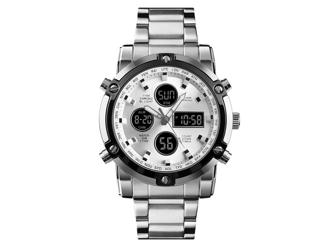 Reloj Multifuncional De Acero Inoxidable Para Hombre, Resistente Al Agua Hasta 30 M, Con Tres Zonas Horarias.