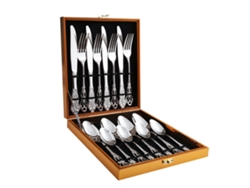 (juego De 16 Piezas - Plata) Caja De Madera Con Cubiertos De Acero Inoxidable, Cubiertos Y Cucharas Con Relieve De Estilo Retro Europeo