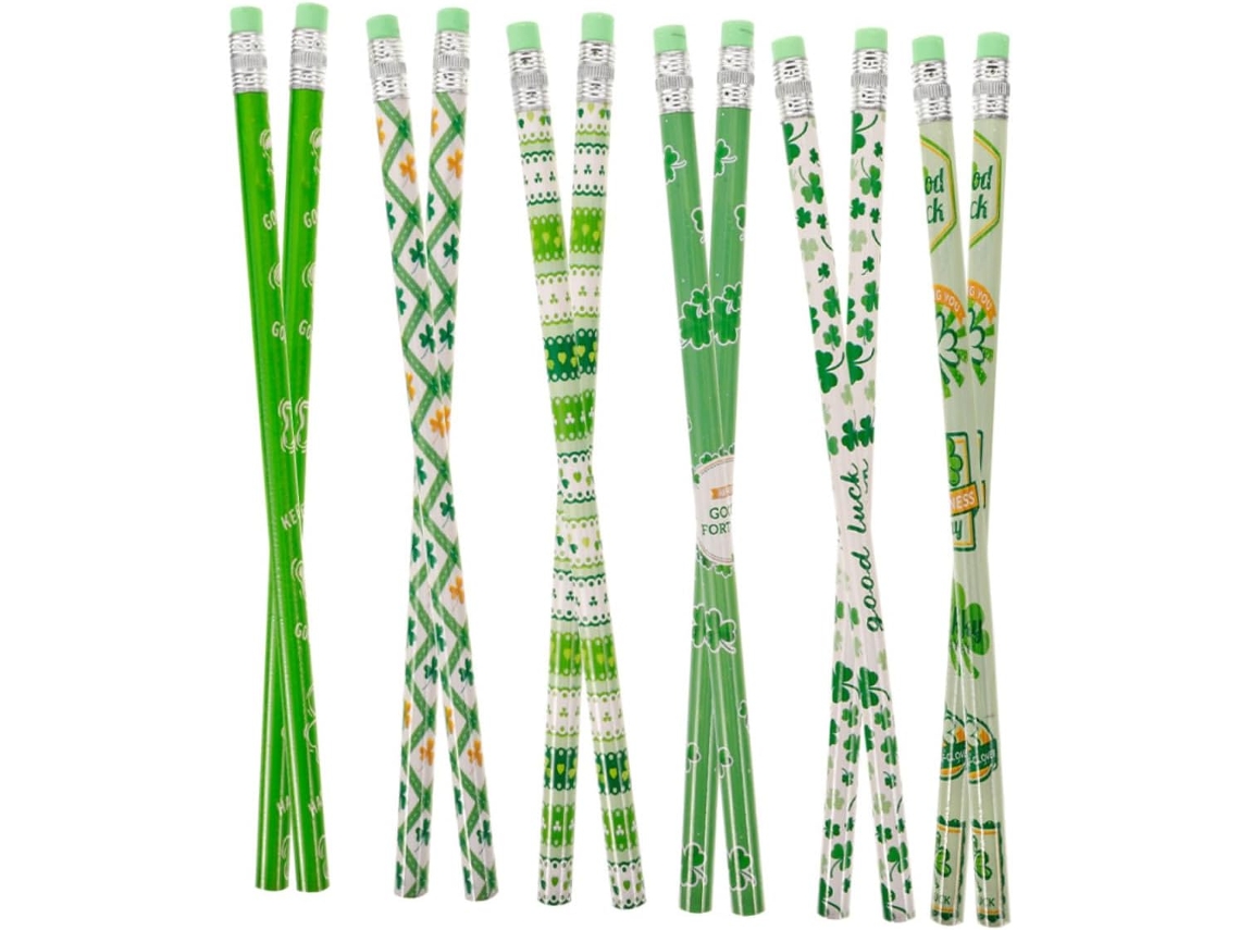 Lápices De Madera Del Día De San Patricio, 48 Piezas, 24 Lápices Decorados Con Tréboles, 24 Gomas De Borrar Surtidas, Para Dibujo.