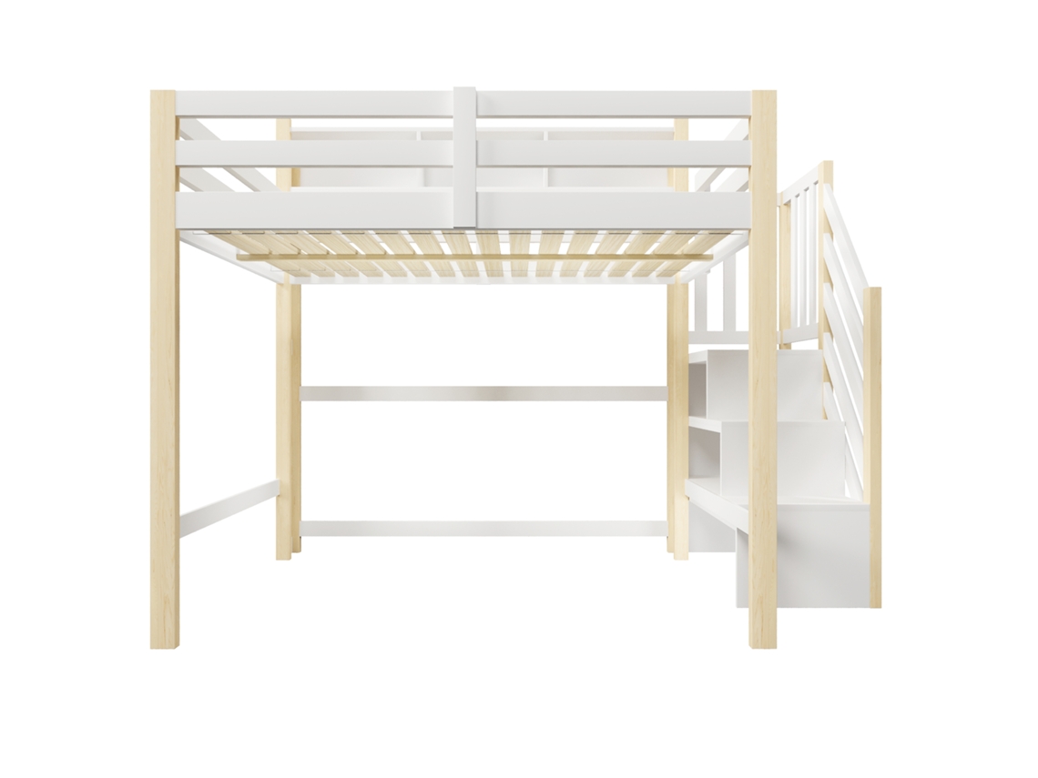 Litera alta de 140x200 cm - Con luces LED, amplio espacio de almacenamiento, escalera y estante abierto - Blanco y natural