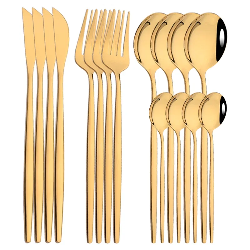(Oro, juego de 16 piezas) Cubiertos de acero inoxidable, incluye cuchillo, tenedor y cuchara de café, para uso doméstico.