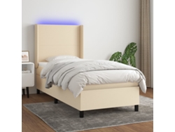 Cama Box Spring Colchón Y Luces Led Tela Crema 90x200 Cm