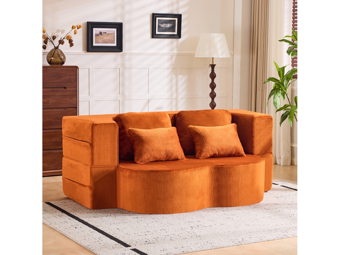 Sofá cama de dos plazas - Moderno, cómodo, con 4 cojines, colchón de espuma de alta densidad - Naranja