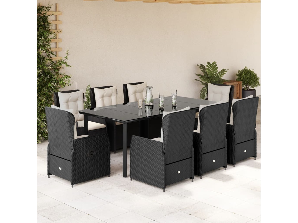 Juego de comedor de jardín de 9 piezas con cojines de mimbre negros de DKD Home Decor
