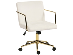Silla de oficina de terciopelo, base dorada, giratoria, con ruedas, color crema, sin marca.