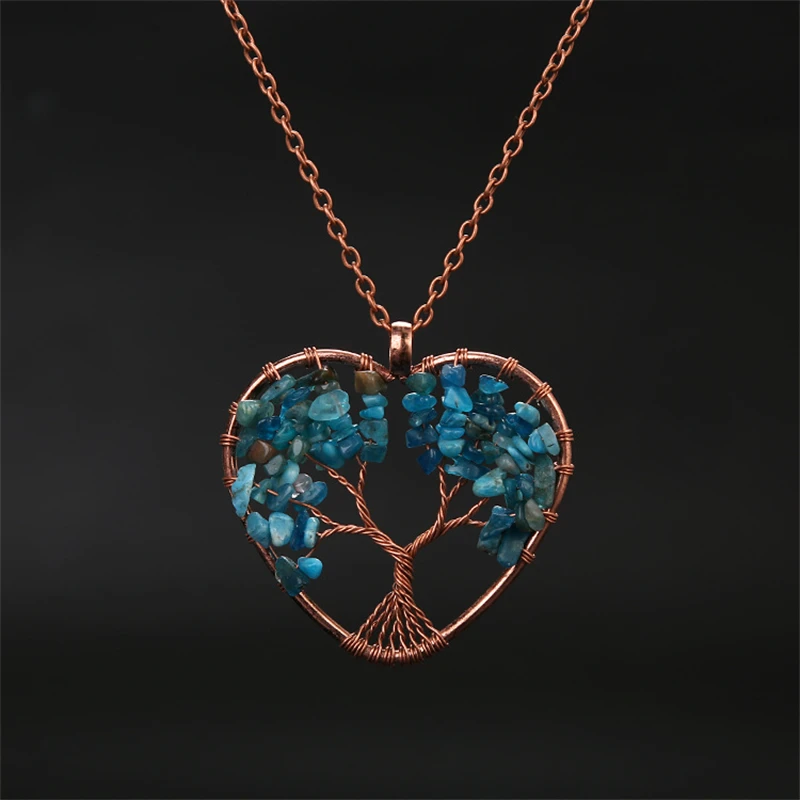 Collar con colgante de corazón de cristal de cianita para la sanación de chakras, con el Árbol de la Vida. MDUG