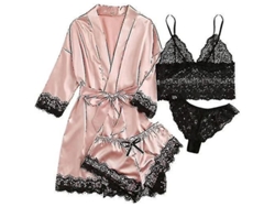 2026-conjunto De Pijama De Seda 4 Piezas Con Encaje Floral Y Batina Para Mujer