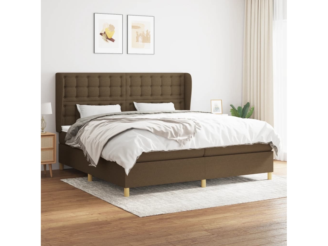 Cama Box Spring Con Colchón Tela Marrón Oscuro 200x200 Cm