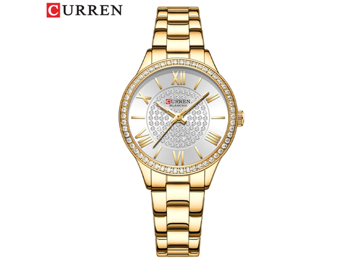 Reloj MDUG moderno con pedrería y brazalete de acero, estilo casual y relajado (dorado y blanco).
