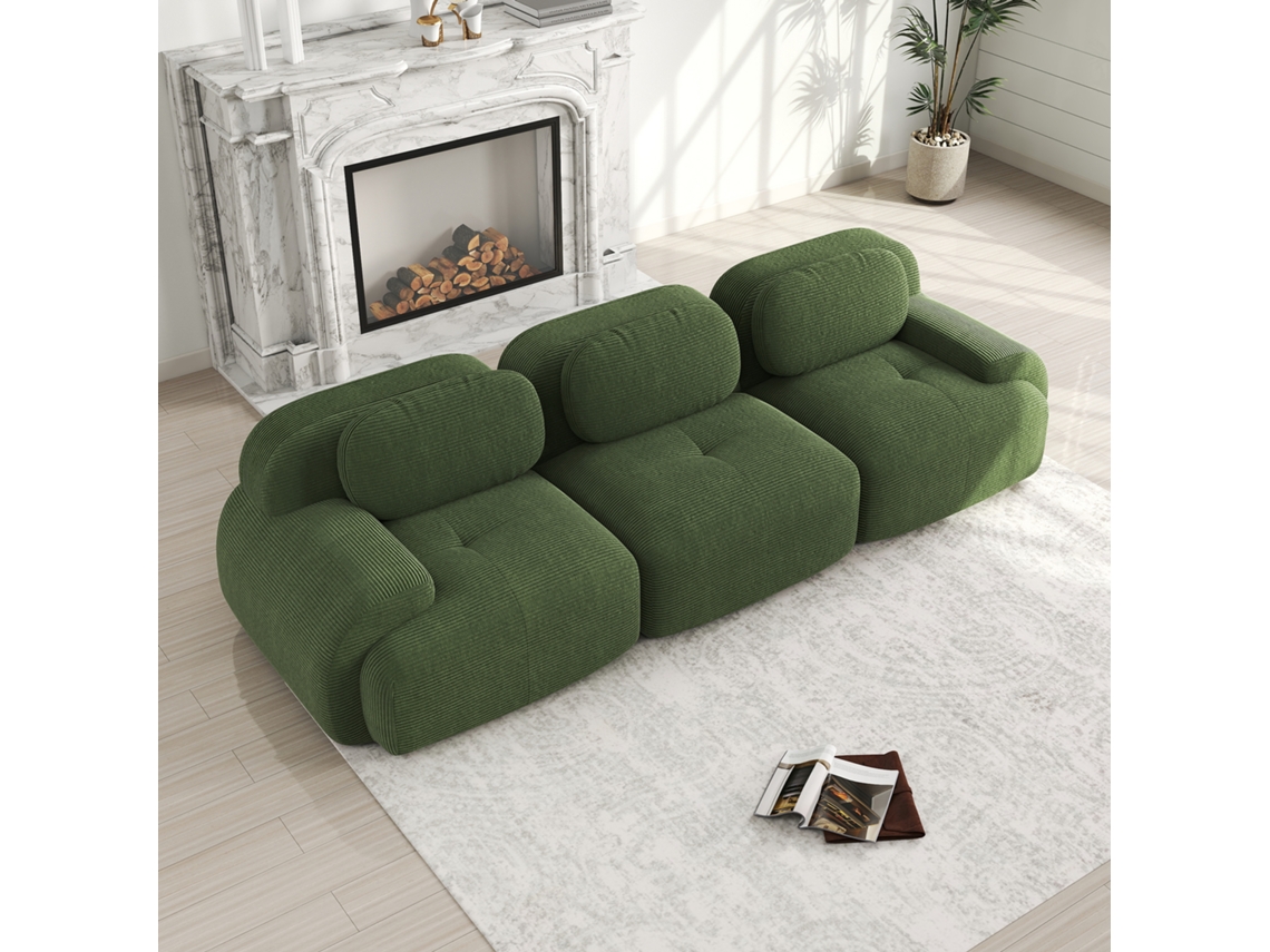 Sofá modular de 3 plazas, sin marco, terciopelo acanalado de primera calidad, espuma 32D, brazos ergonómicos, antideslizante, verde.
