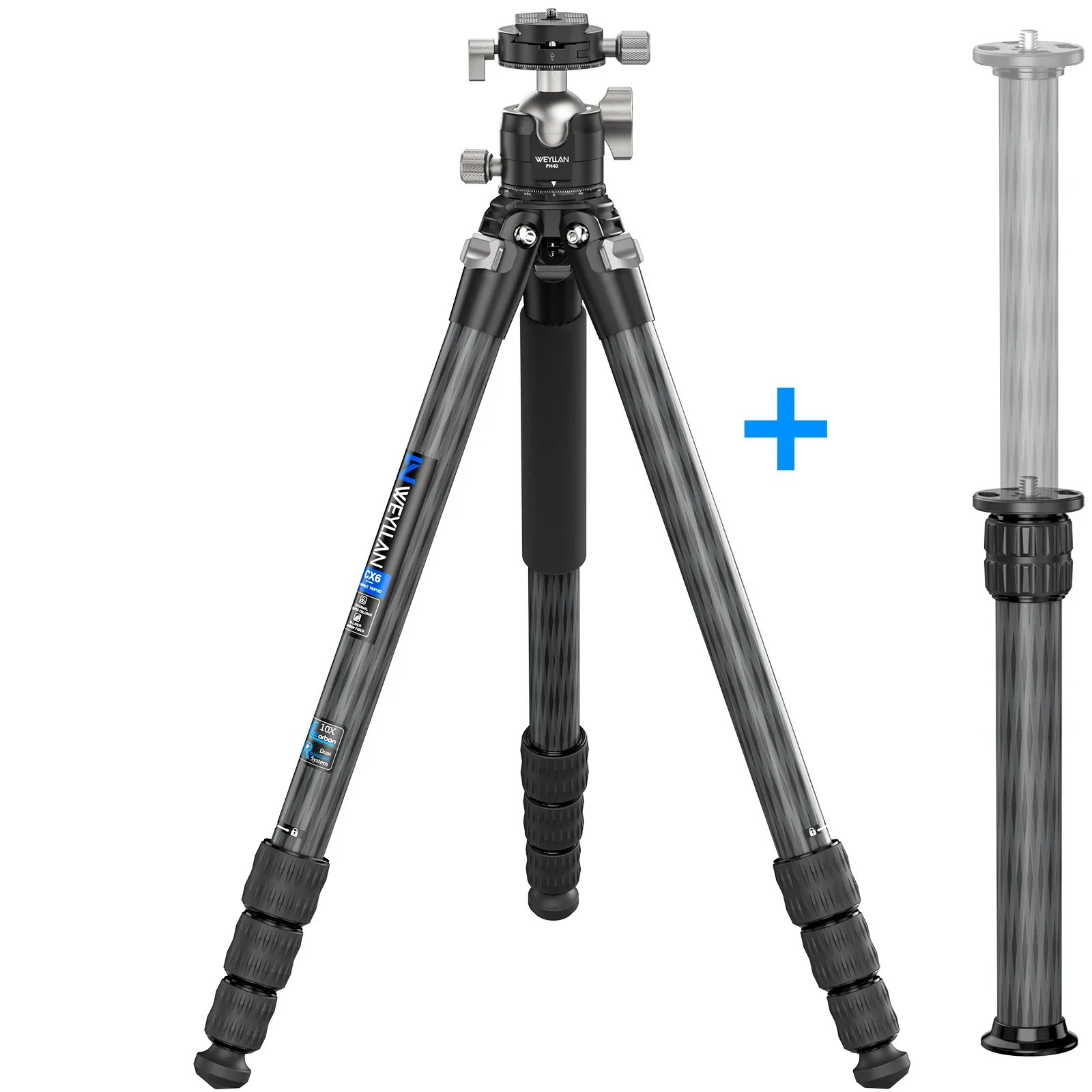 Trípode de viaje profesional CX6 de fibra de carbono, 10 capas, para exteriores, para DSLR, robusto, tubo de 40 mm, perfil bajo, columna central incluida.
