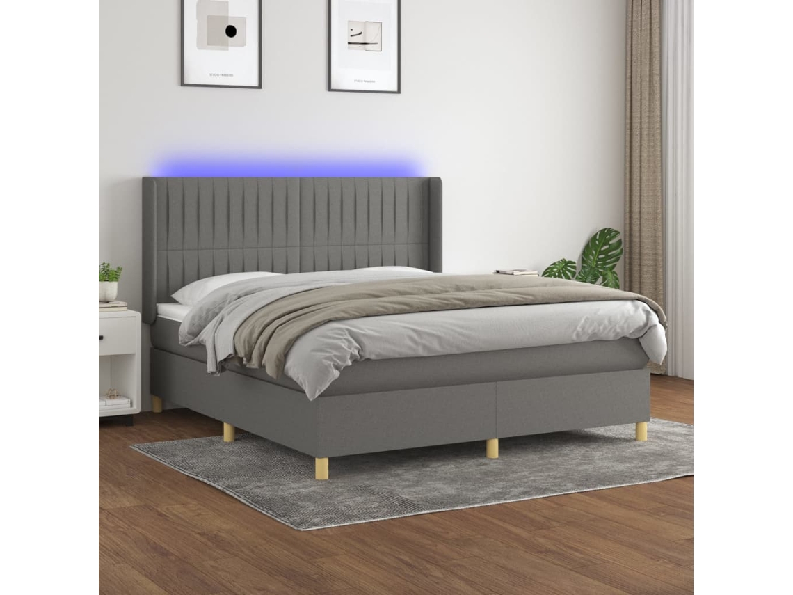 Cama Box Spring Colchón Y Luces Led Tela Gris Oscuro 160x200 Cm