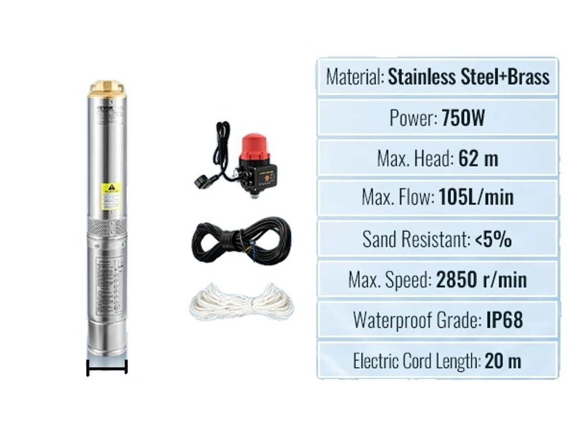 Bomba sumergible para pozo profundo, 750 W de potencia, con interruptor automático de 750 W, OEM UE