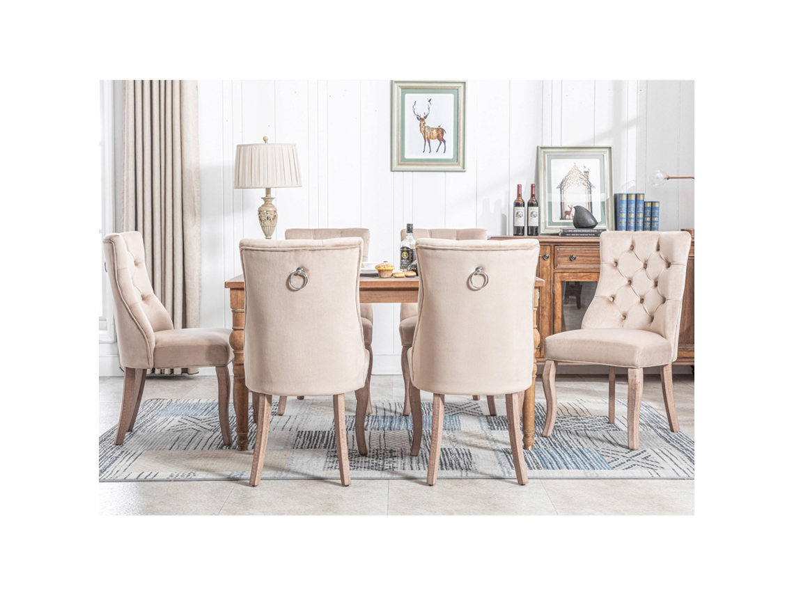 Juego de 6 sillas de comedor de terciopelo acolchadas con botones beige