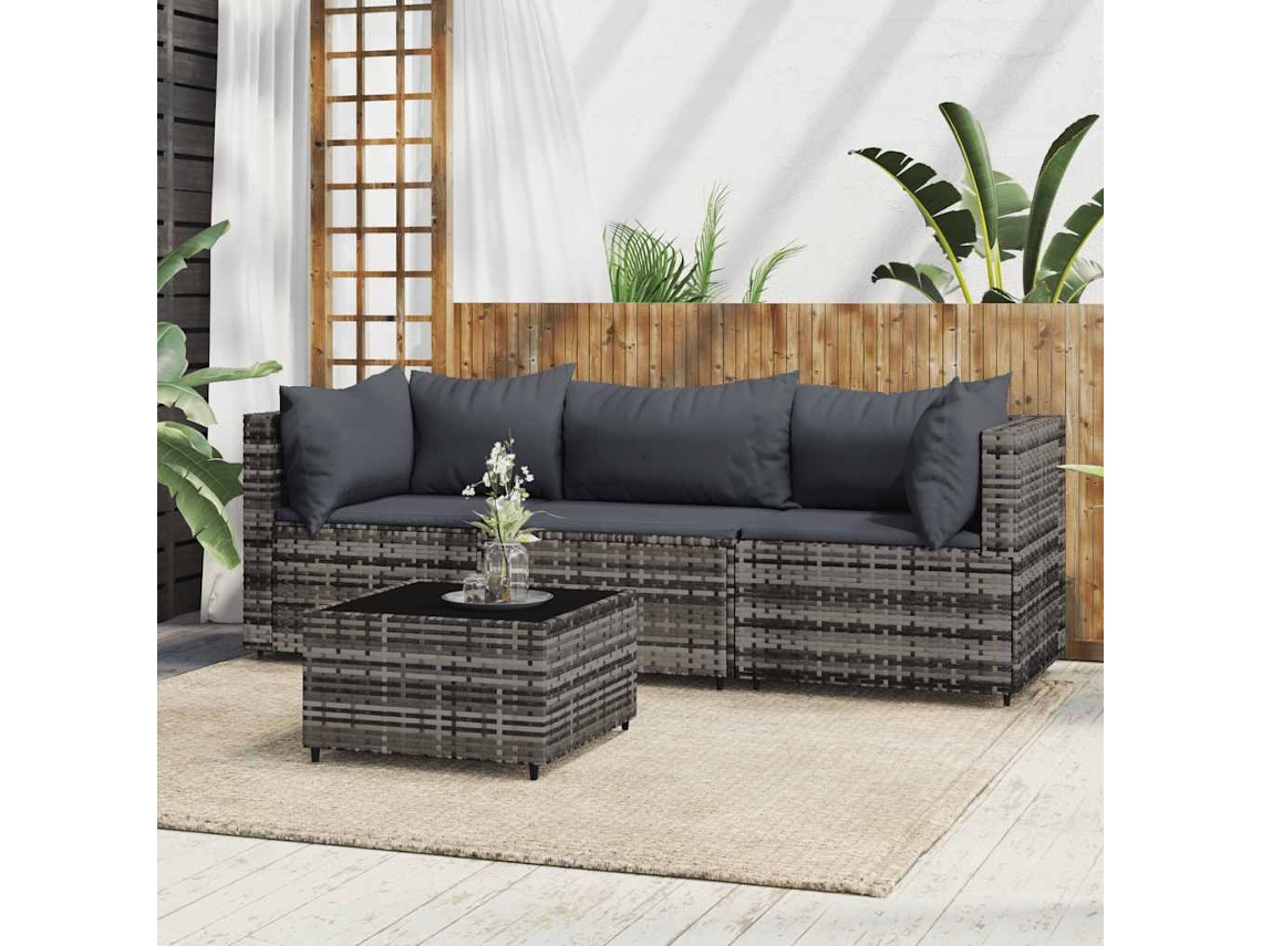 Conjunto de salón de jardín de 4 piezas con cojines de ratán gris Dkd Home Decor