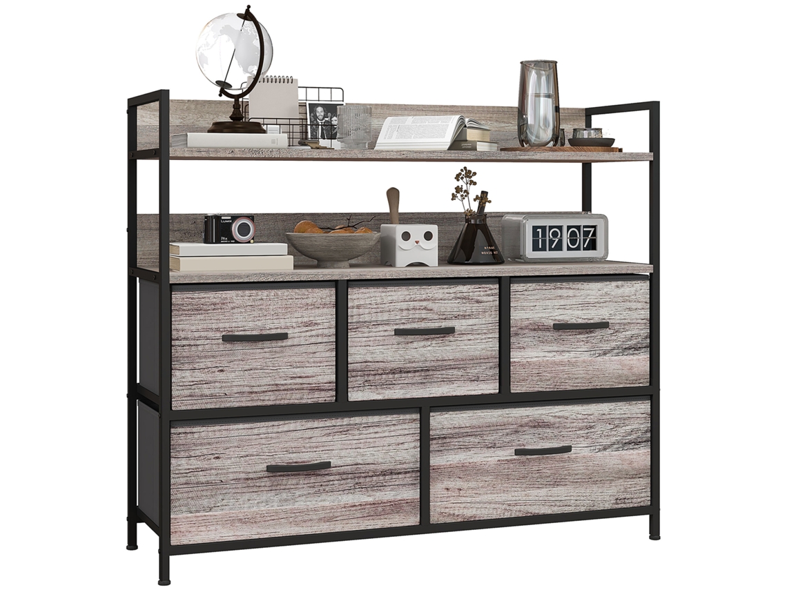 Cómoda Estilo Industrial Con 5 Cajones De Tela Plegables Y Desmontables Y Estantes 98x29x85 Cm