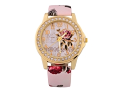Reloj Analógico De Cuarzo Con Correa De Poliuretano, Estampado Floral Y Decoración De Diamantes De Imitación (correa Rosa).