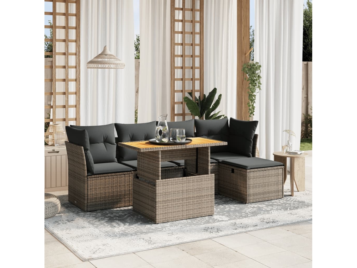 Conjunto de sofá de jardín de 6 piezas con cojines de mimbre gris, Dkd Home Decor