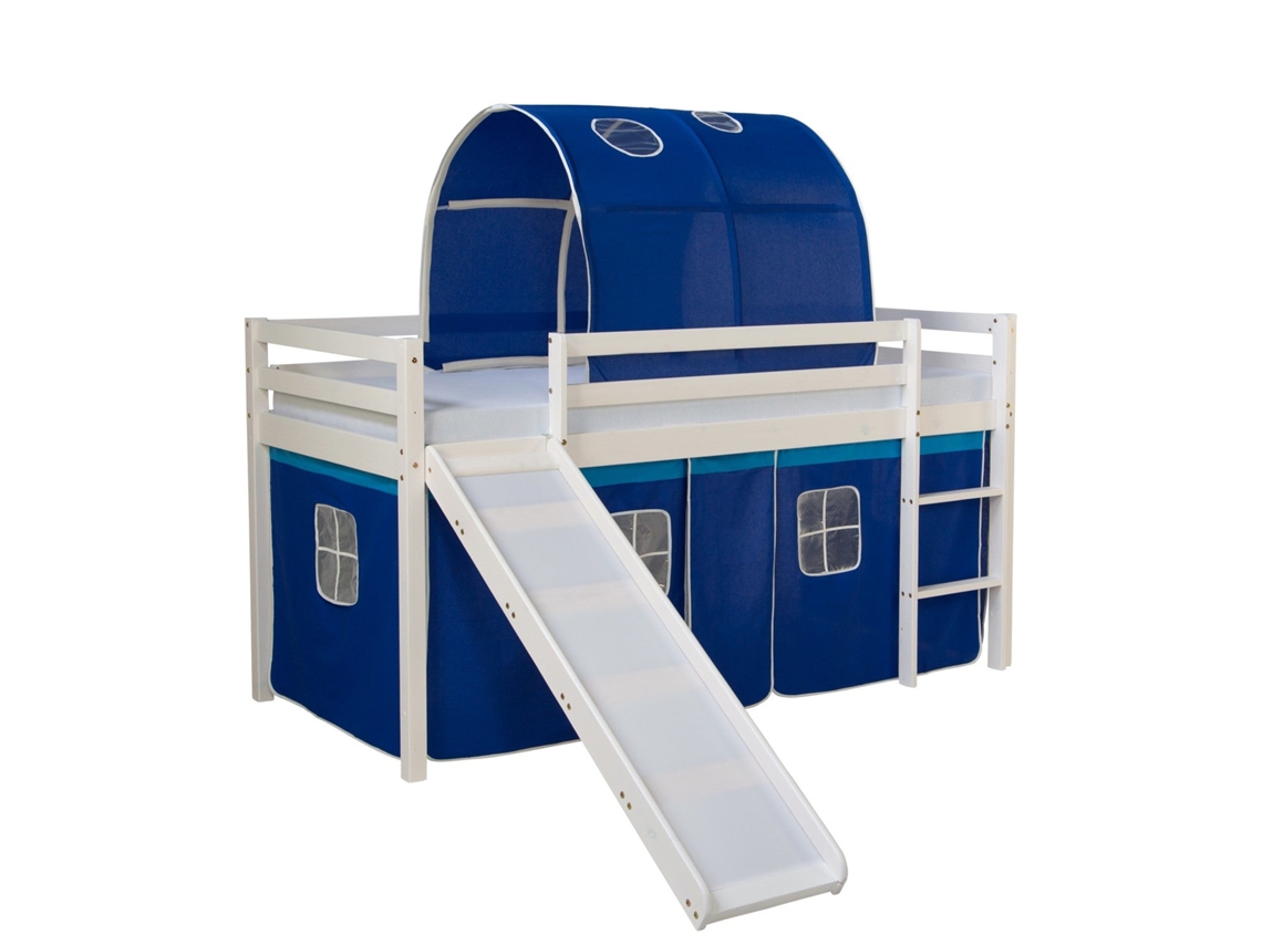 Cama Alta Infantil Con Somier Tobogán Túnel Y Cortina Modelo Azul 90x200 Cm Lit06186