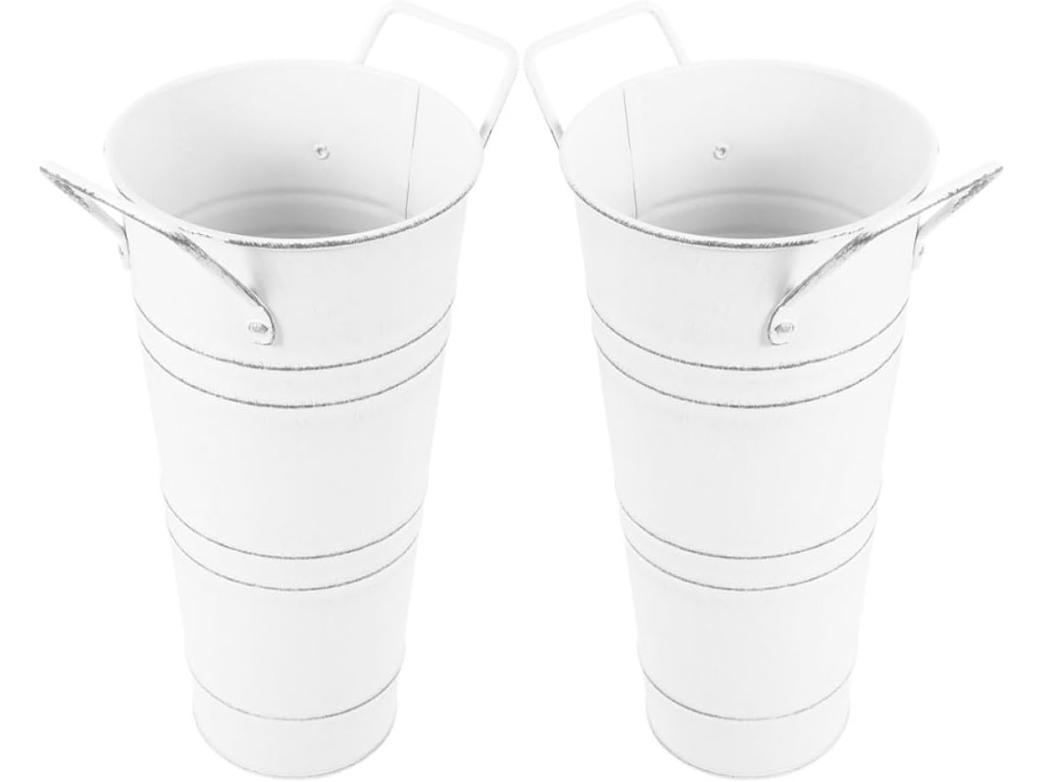 Juego De 2 Cubos De Flores Retro De Hierro Oxidado Blanco De 11 X 75 X 23 Cm Para Arreglos Florales.