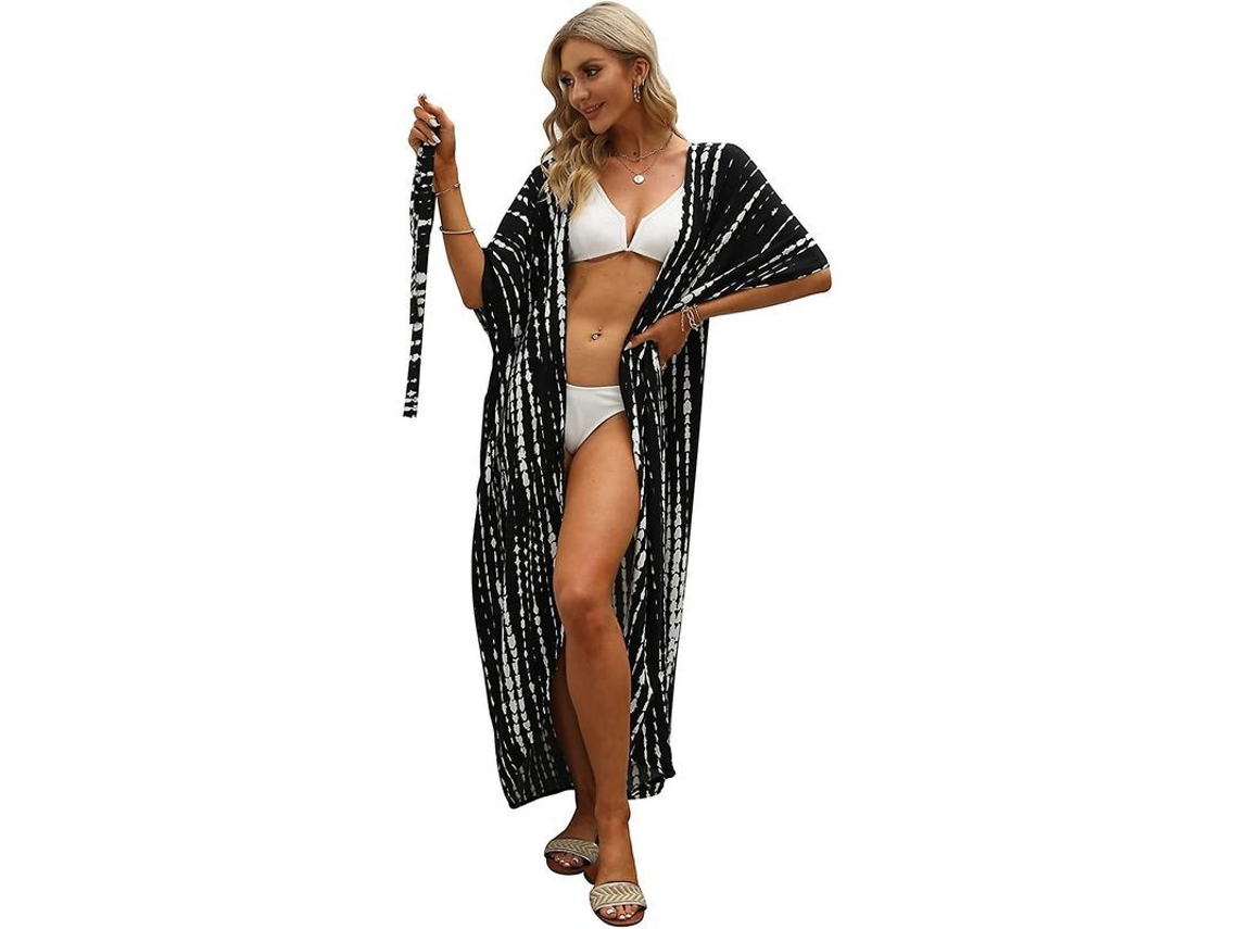 2026-kimono Largo De Playa Para Mujer Con Estampado Tie-dye, Frente Abierto Y Manga 3/4, Suitable Para Bikini Y Ropa Casual