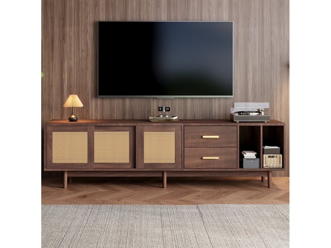 Mueble Auxiliar 190x40x52 Cm - Lowboard-tv-schrank Con 6 Patas, Con Cajones, Para Tv De Hasta 75 Pulgadas - Rattan Marrón