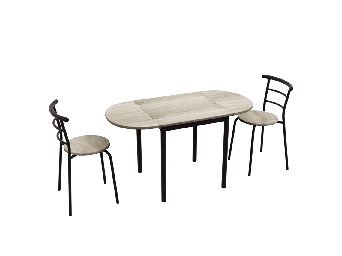 Conjunto Jantar 3 Peças 2 Cadeiras + 1 Mesa Oval, Mdf E Aço Para Espaços Pequenos