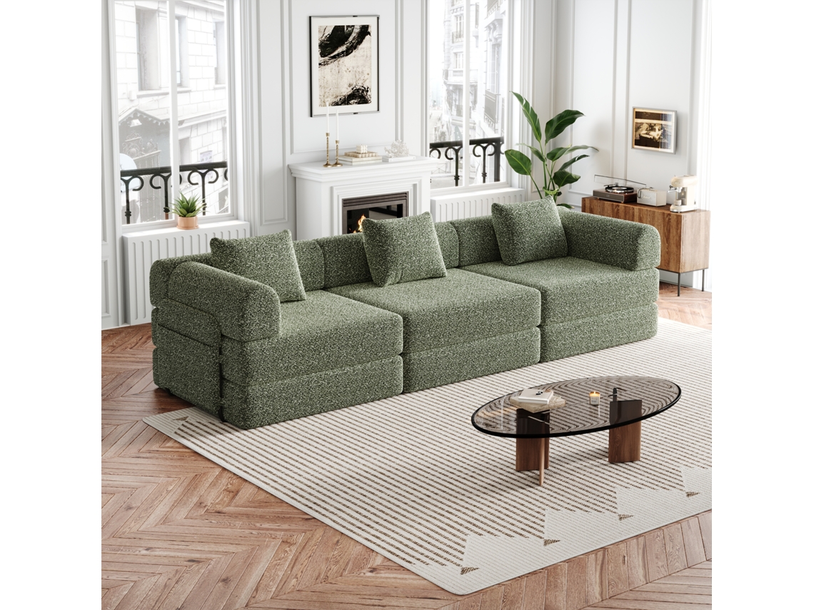 Sofá Cama De Chenilla 3 Plazas - 2 En 1 Con Compartimento De Almacenamiento En El Reposabrazos, Tres Estructuras Metálicas Y Múltiples Configuraciones - Verde