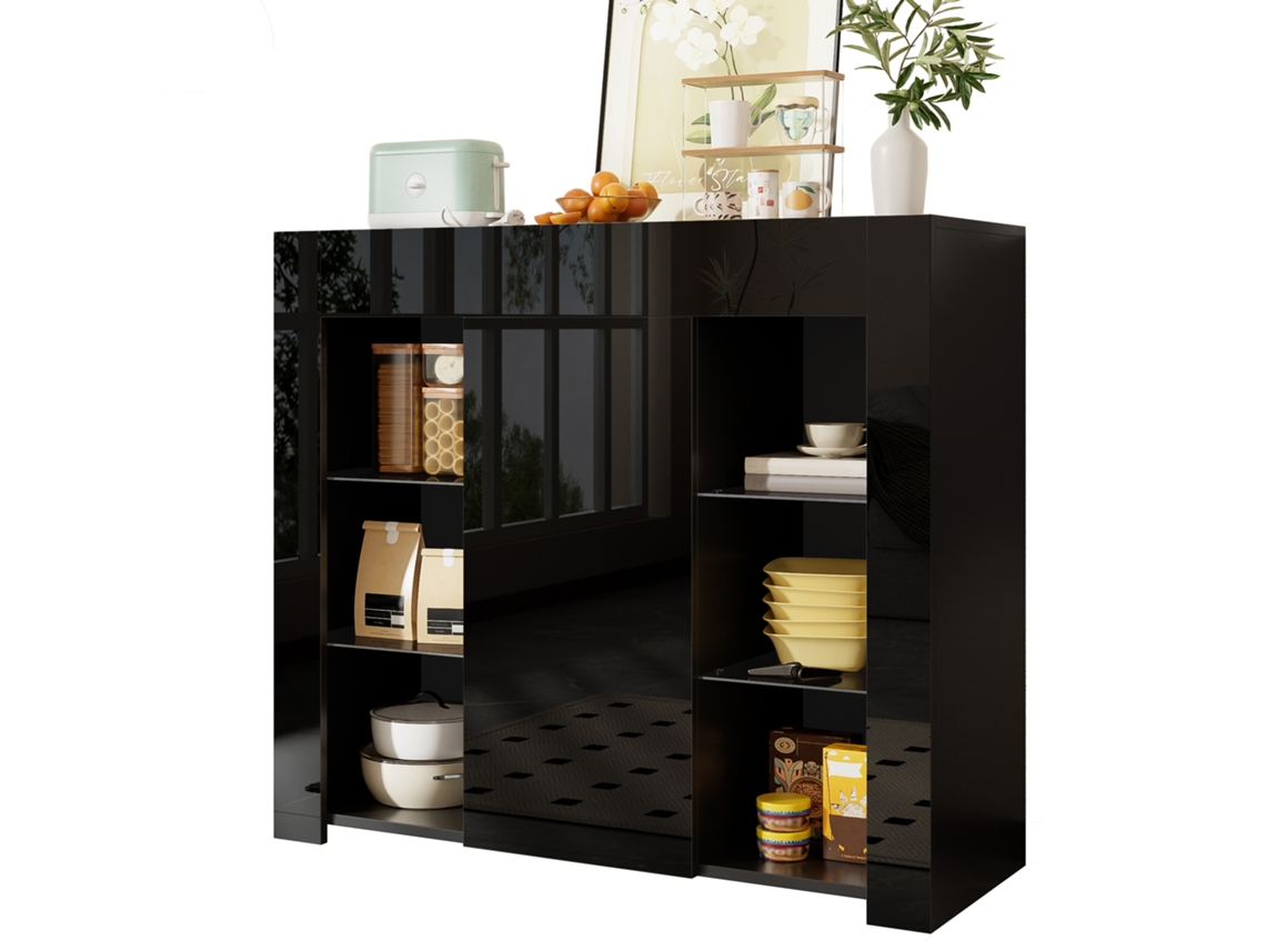 Aparador Moderno 95x35x83 cm Estilo Compacto con Estantes de Cristal y Puerta Negro Mobrio