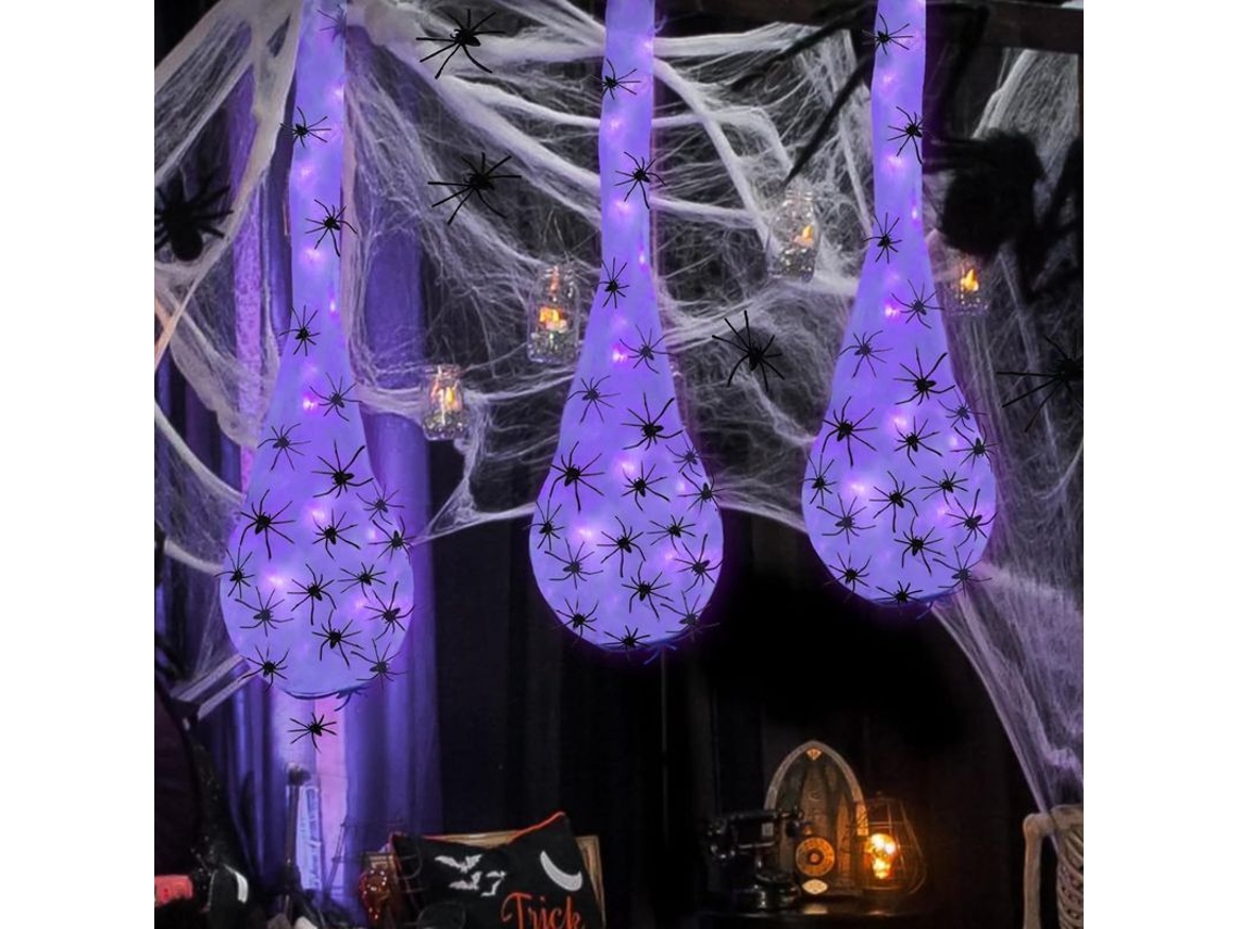 3 Arañas Gigantes Para Decoración De Halloween, Bolsa De Huevos Con Luz Led Morada Para Uso En Exteriores E Interiores.