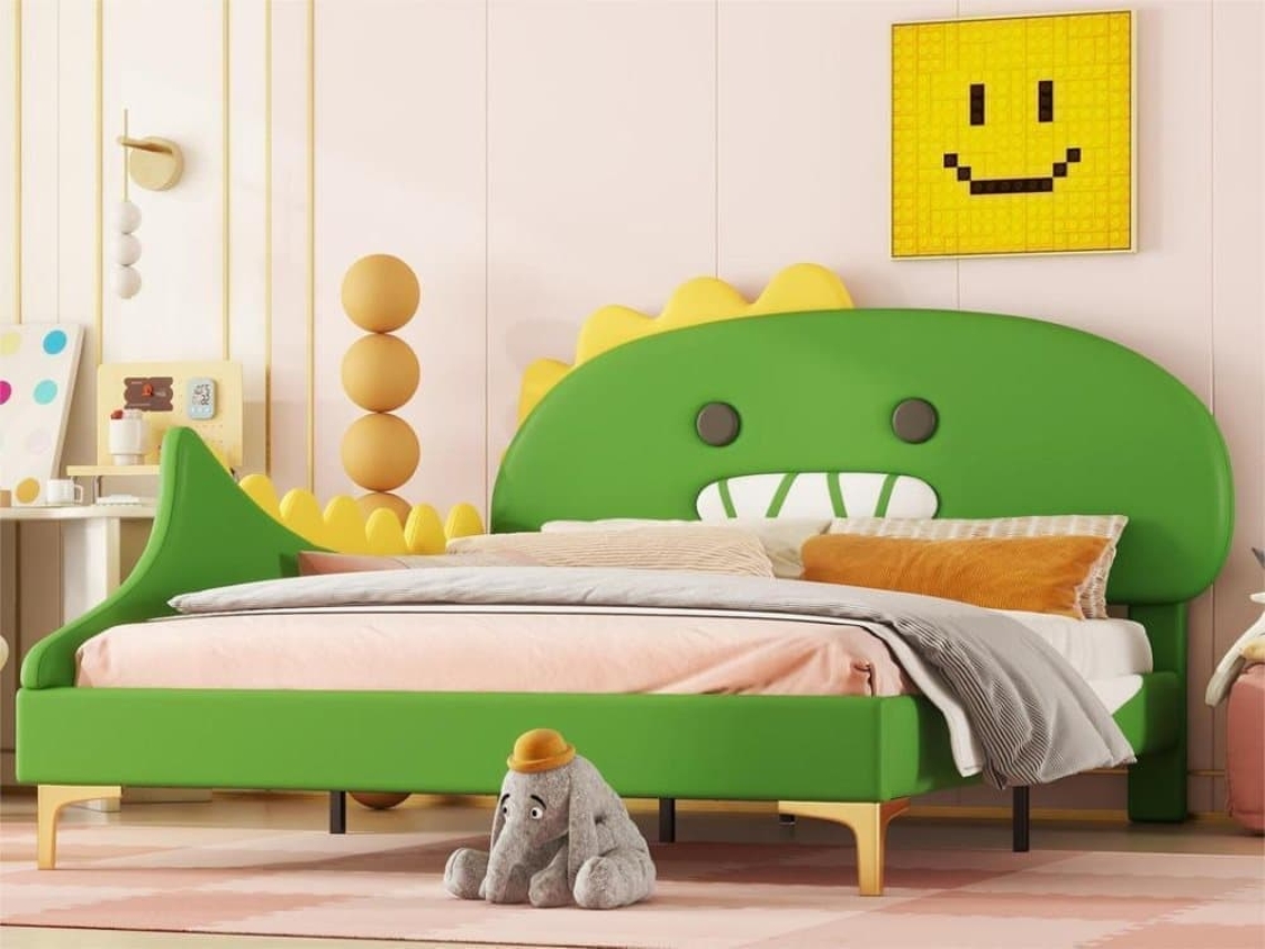 Cama Infantil 140x200cm - Forma De Dinosaurio, Cama Plana, Material Pu - Verde