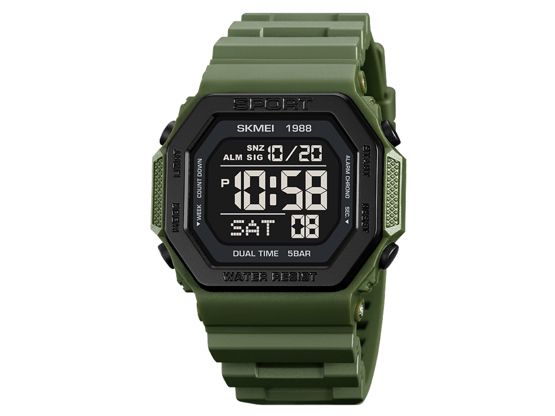 Reloj digital de estilo militar para hombre con temporizador de cuenta regresiva, pantalla retroiluminada y alarma. Resistente al agua hasta 5 bares.