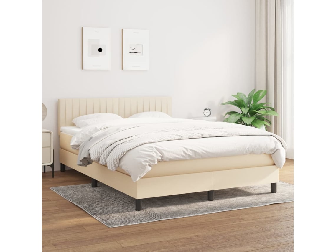 Cama Box Spring Con Colchón Tela Color Crema 140x190 Cm