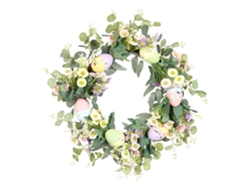 Corona de Pascua con huevos y flores para decoración de puertas.