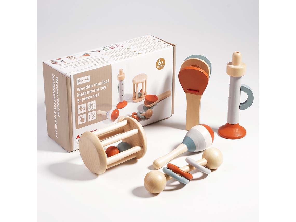 (5 piezas) Juego de batería de madera para niños, adecuado para bebés, niños pequeños y niños en edad preescolar.