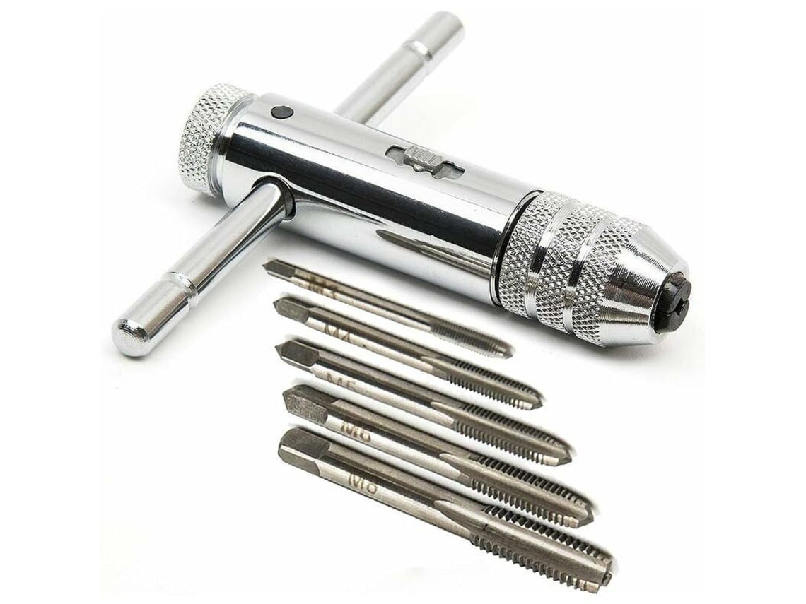 Llave de carraca ajustable con mango en T de acero rápido (HSS) con 5 brocas M3-M8 para herramientas de perforación.