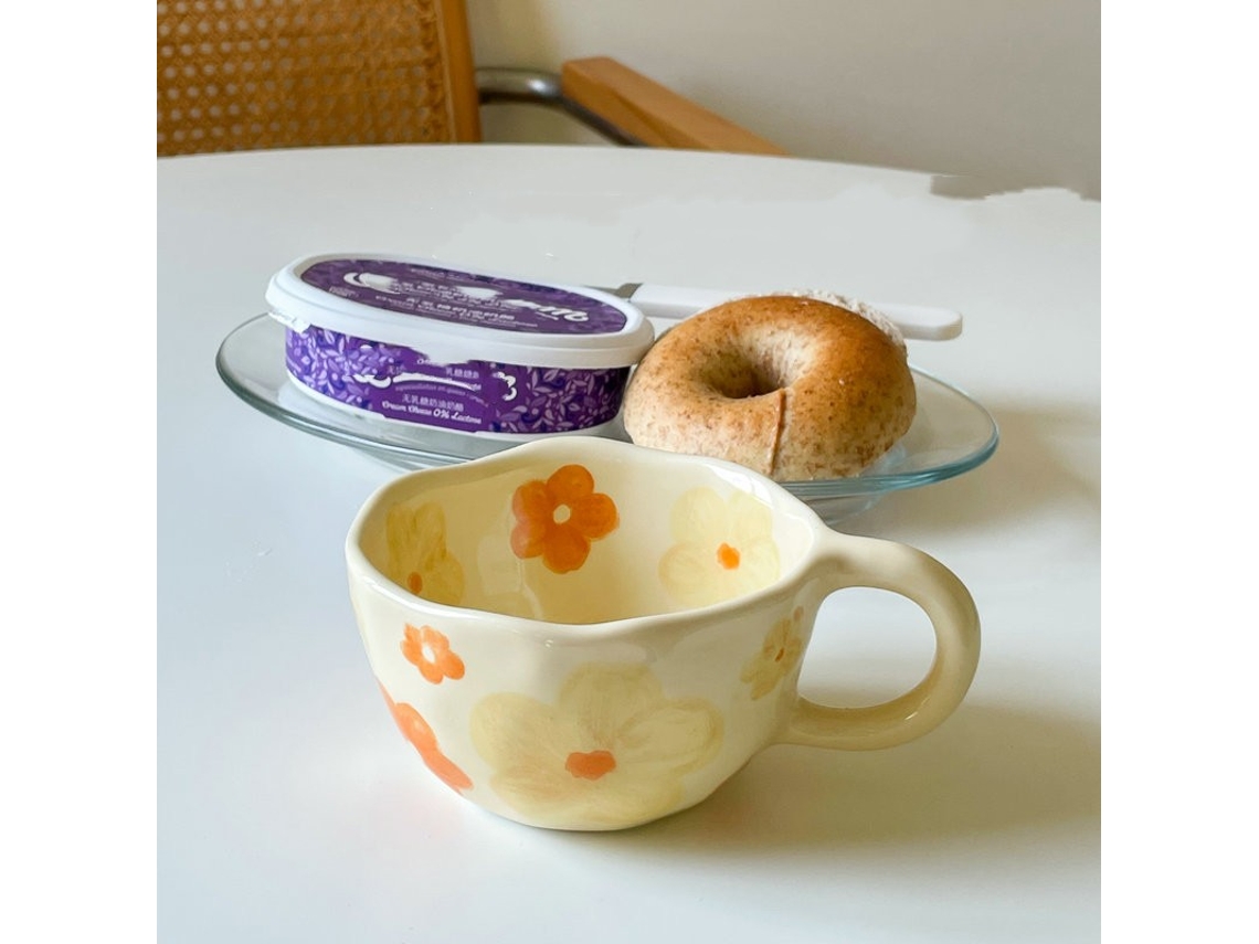 Taza de café de cerámica de estilo coreano con estampado floral de pinceladas irregulares. Mdug (estilo 2)