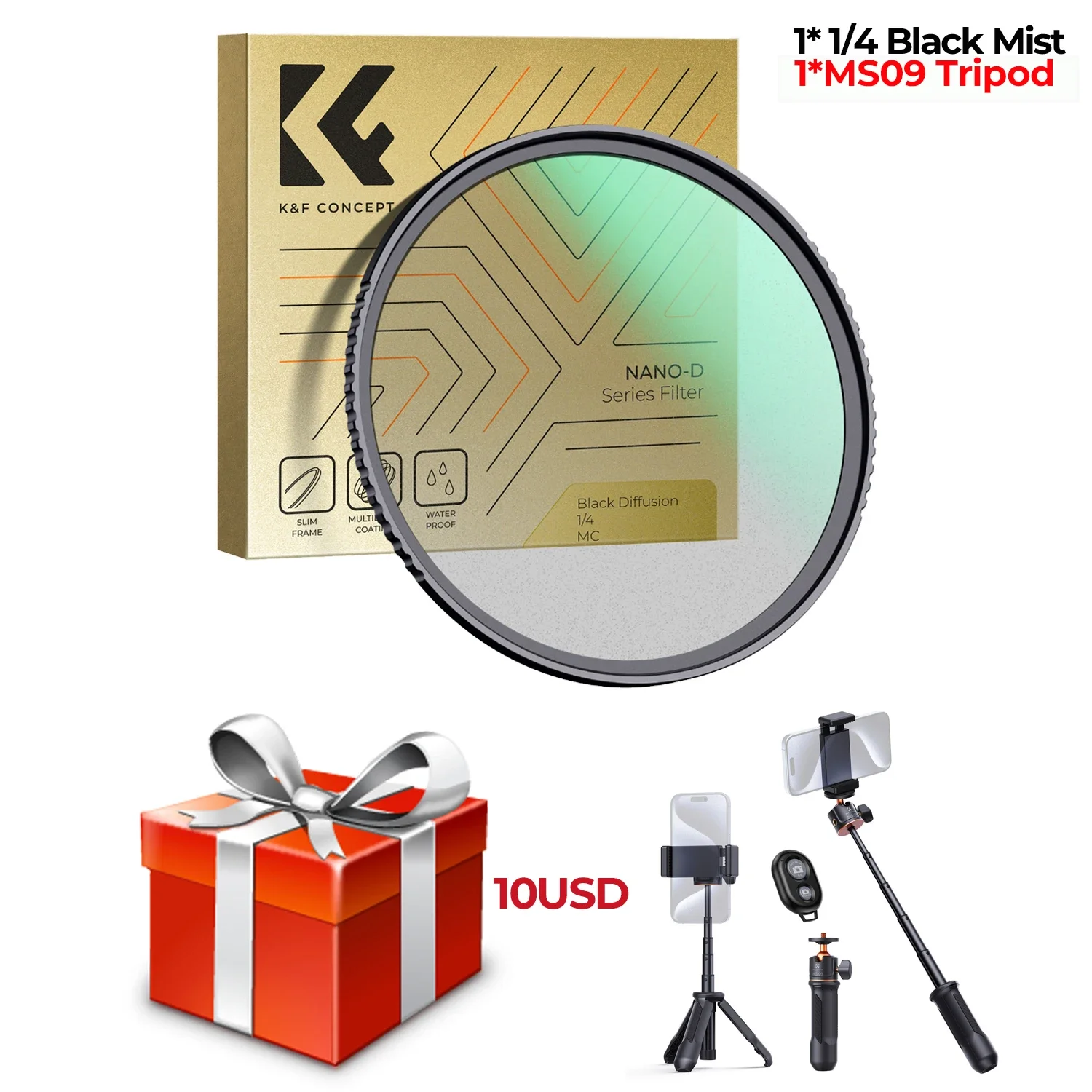 Filtro difusor de niebla negra de 1/8 1/4 con película verde suave, 55 mm, con trípode MS09