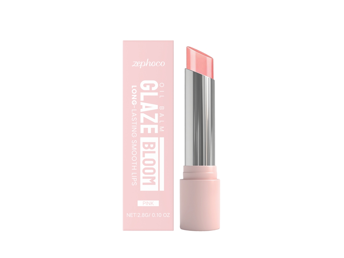 Bálsamo labial rosa suave con hidratación profunda.