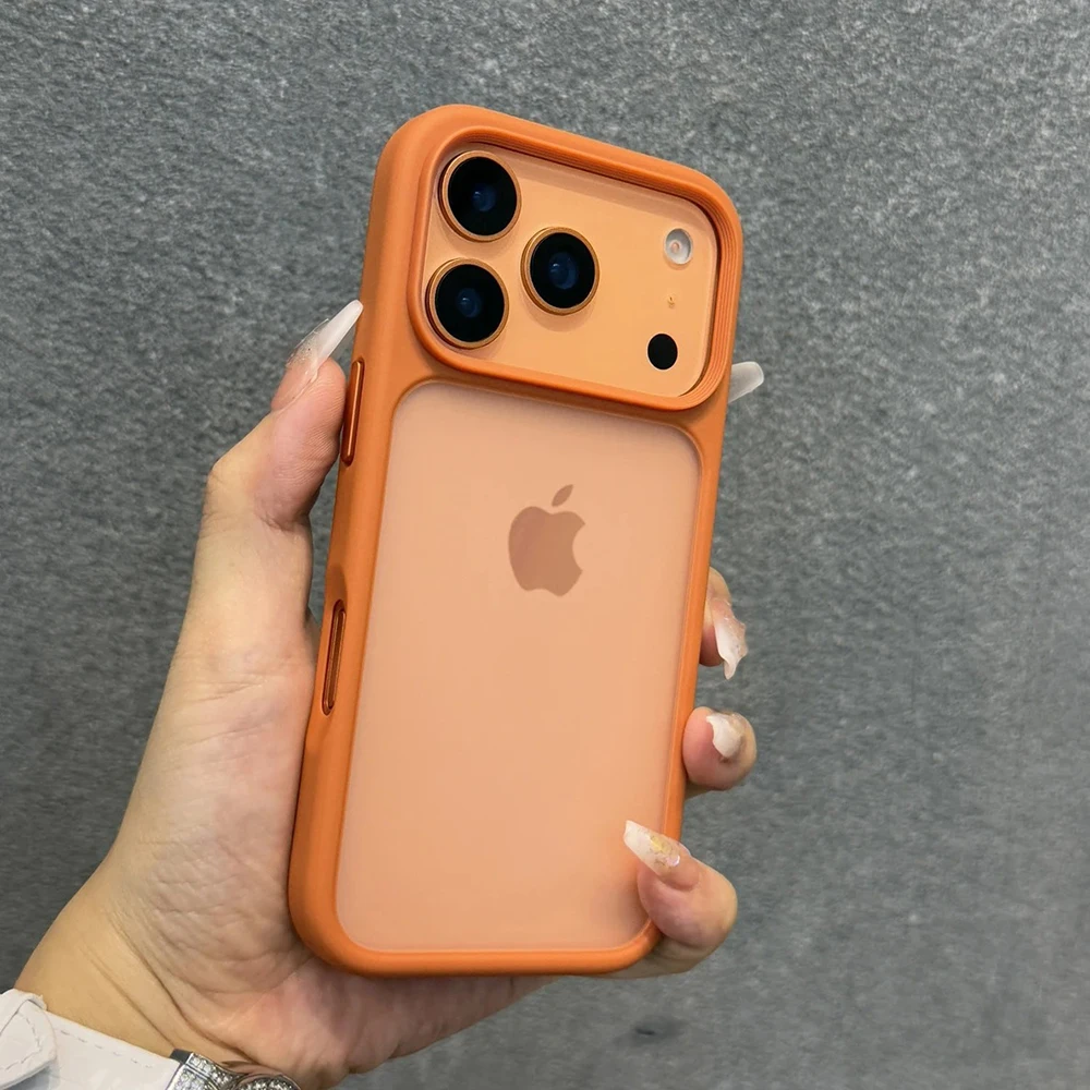 (iphone 17 Pro Naranja) Funda Para Iphone Con Botón Metálico Transparente Mate Y Marco Transparente.