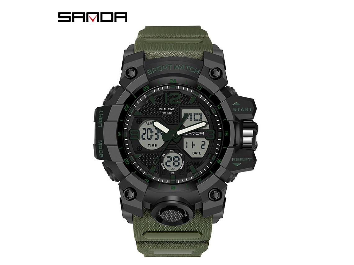 Reloj Electrónico De Moda Con Correa Verde Y Esfera Negra (para Hombre), Acabado Luminoso, Resistente Al Agua Y A Los Golpes, Y Con Alarma.